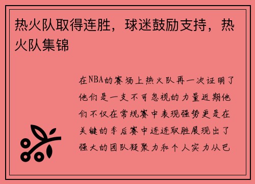 热火队取得连胜，球迷鼓励支持，热火队集锦